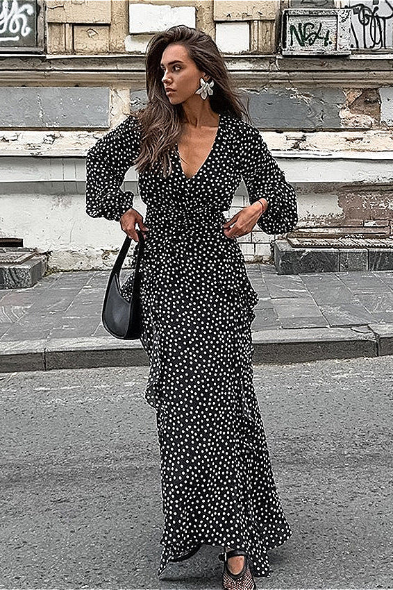 Retro V-Neck Polka Dot Puff Sleeve A-Line Maxi Dress