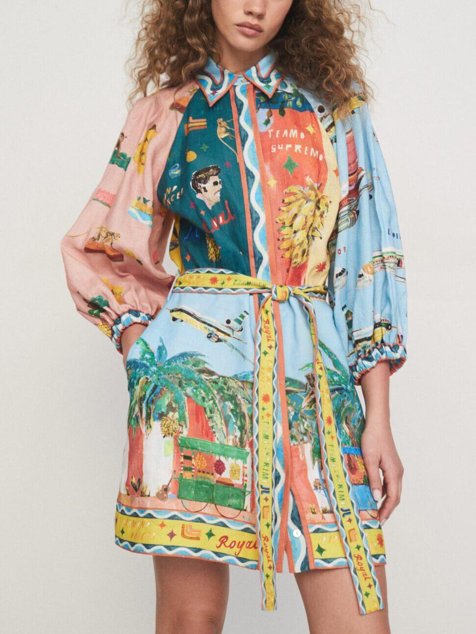 Unique Satin Art Flower Print Tie Pocket Shirt Mini Dress
