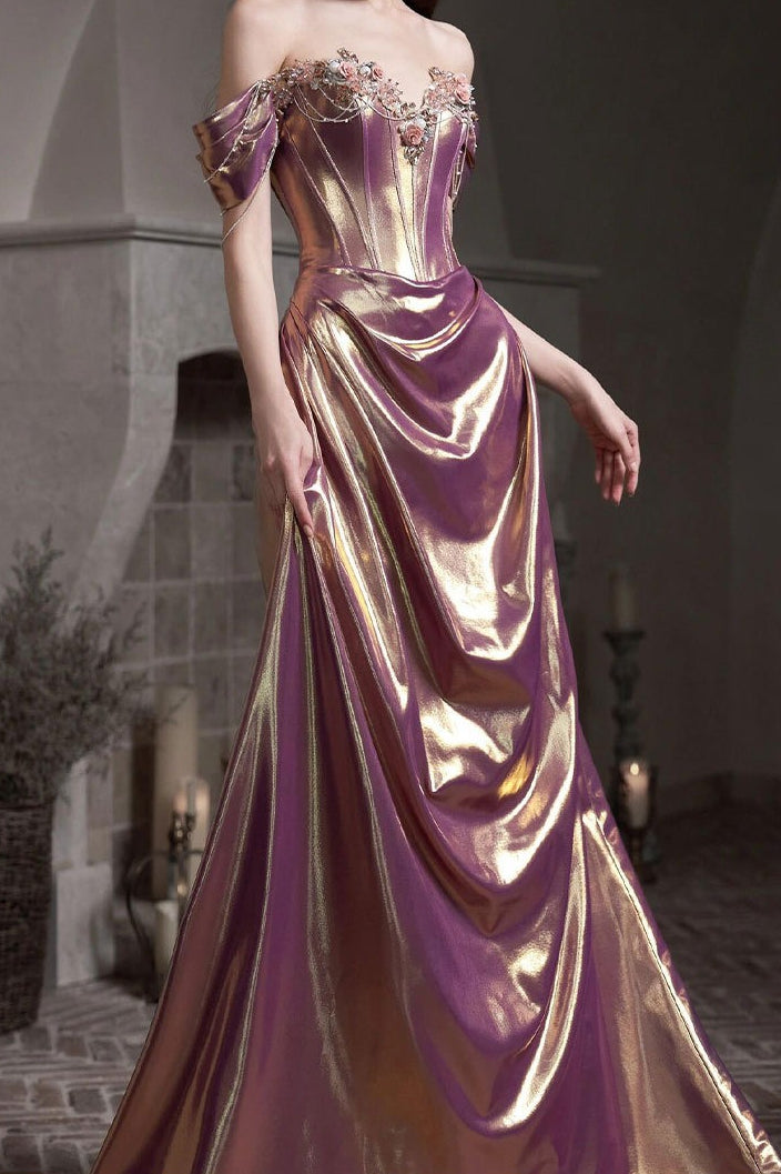 Off Shoulder Ruched Satin Graceful Prom Dress
