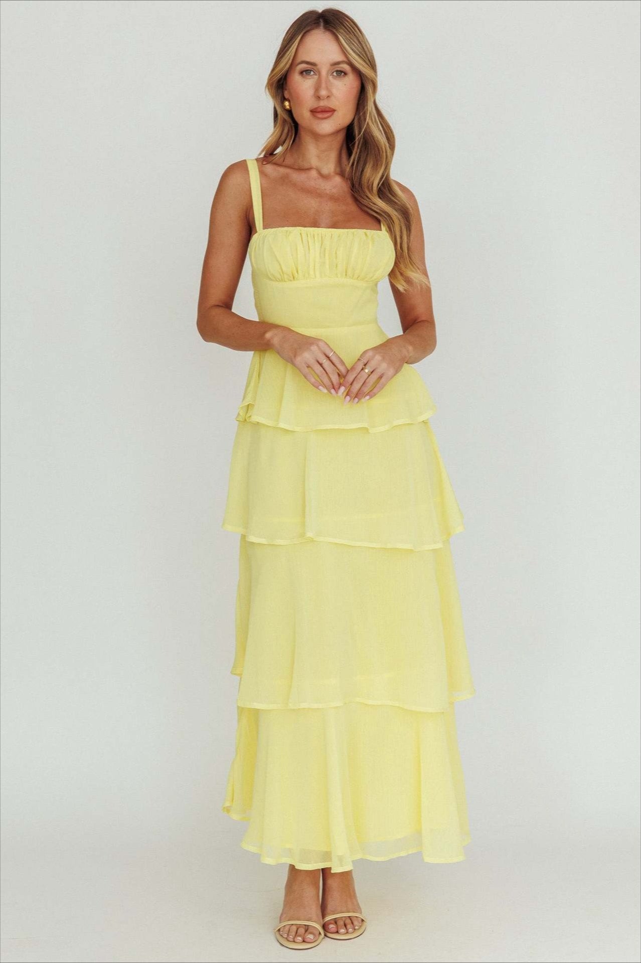 Alluring Backless Halter Tiered Ruched Waist Maxi Prom Dress
