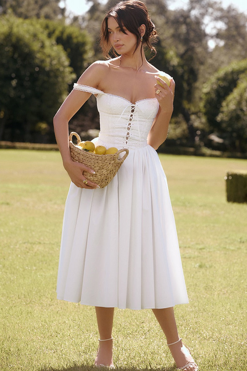 Lace White Spaghetti Strap Midi Dress