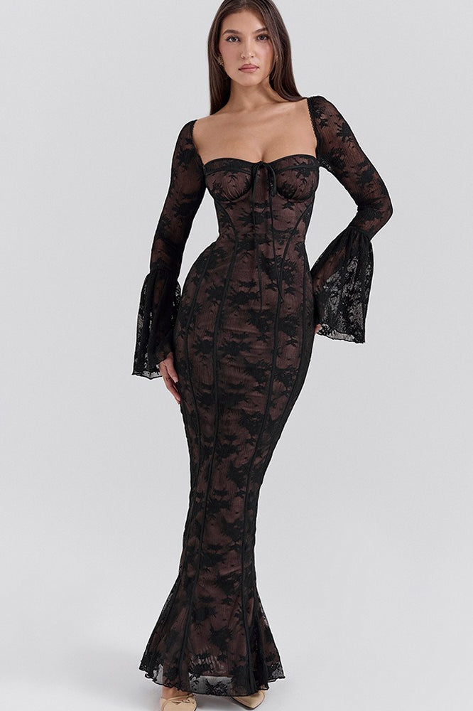 Bodycon Edition Lace Flare Sleeve Maxi Dress