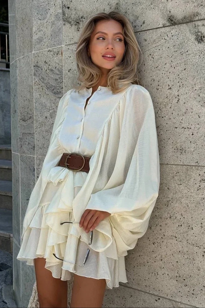 Neck Round Ruffle Edge Mini Dress