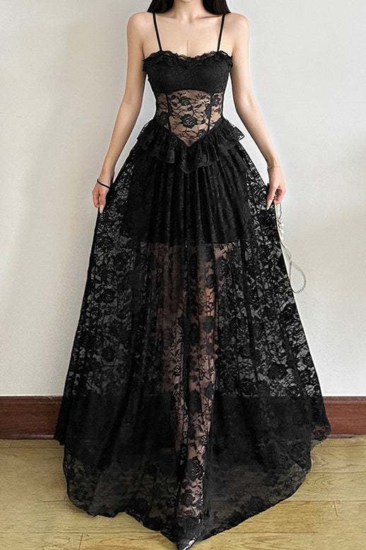 Sleeveless Edition Ruffled Waist Maxi Lace Dress