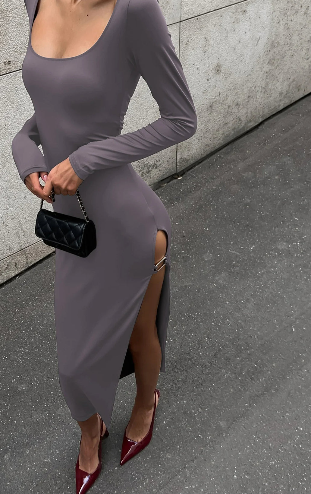 Button Slit Long Sleeve Midi Dress