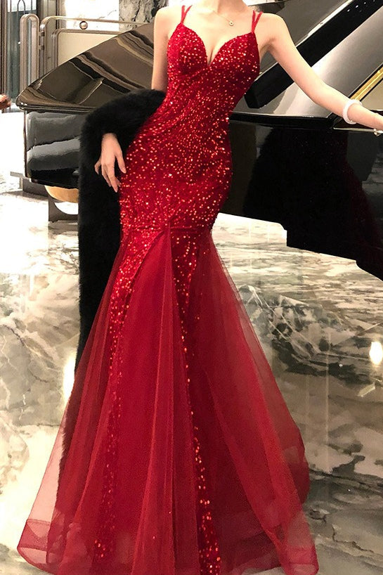 Chic Sequin Spaghetti Strap Evening Prom Dress