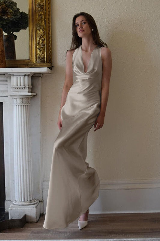 Satin Off Shoulder Backless Tie Waist Slim Fit Long Chic Prom Dress