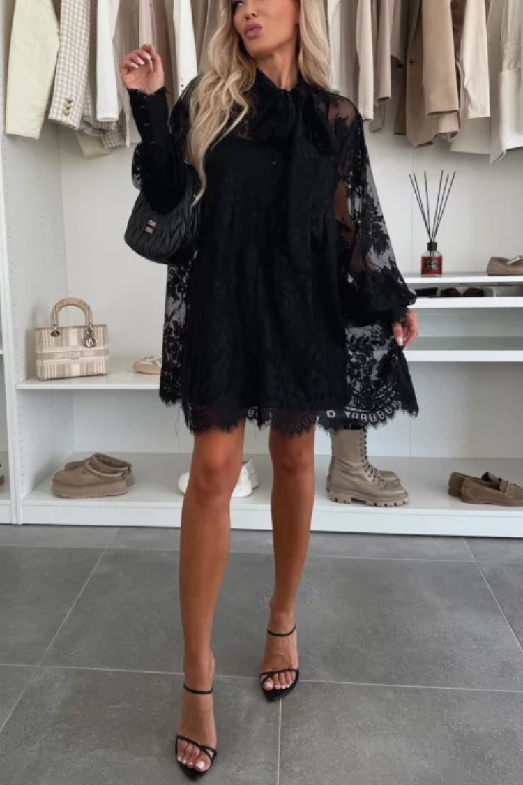 Effortless Iliana Night Rose a Line Mini Dress with Lace Bow and Long Balloon Sleeves Designer Edit