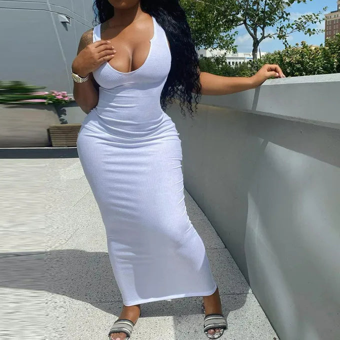 Stripe Ribbed Sleeveless Vneck Midi Dress