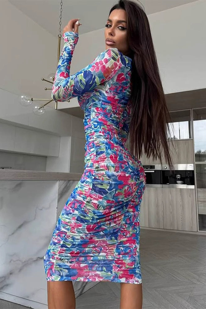 Ruched Printed Long Sleeve Midi Dress