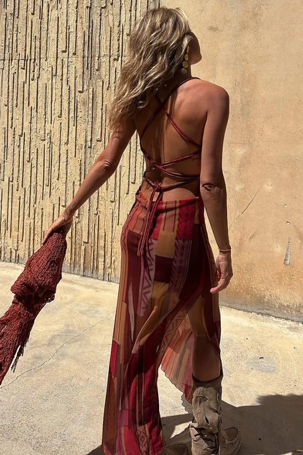 Exclusive Griselda Midi Dress with a Unique Gypsy Style Print, Cowl Neckline At the Back, Lace Up Fastening and Slit Evening Wear Edit