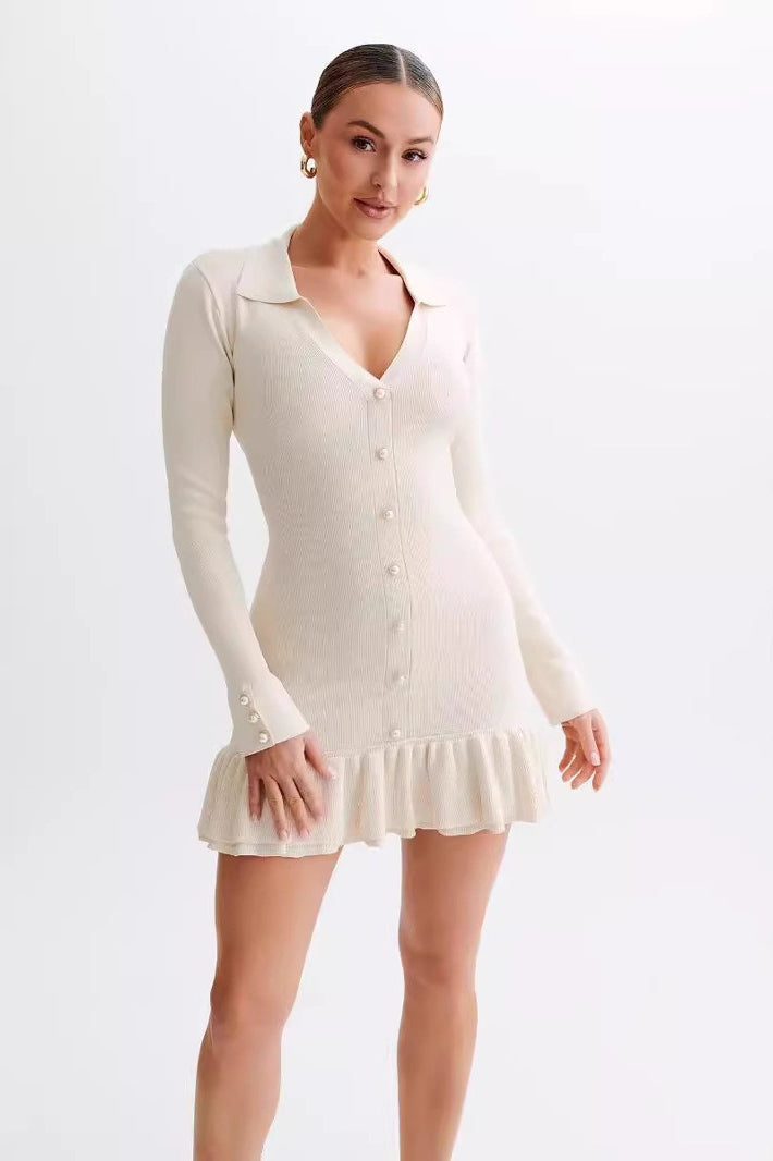 Tie Bow Ruffled Knit Pearl Midi Dress