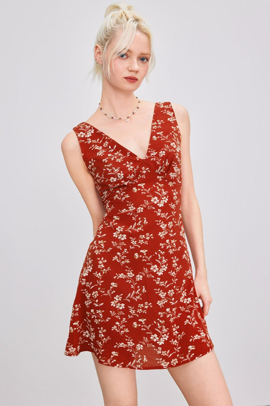 Refined Floral Print Deep V Mini Dress