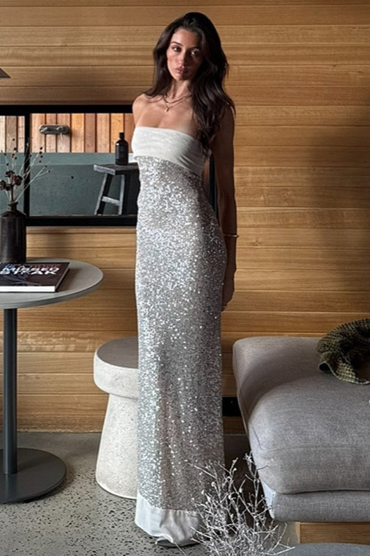 Chic Strapless Solid Color Slim Fit Long Sequin Prom Dress