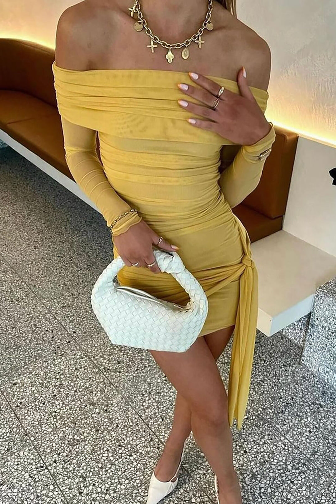 Tie Solid Front Off Shoulder Mini Dress