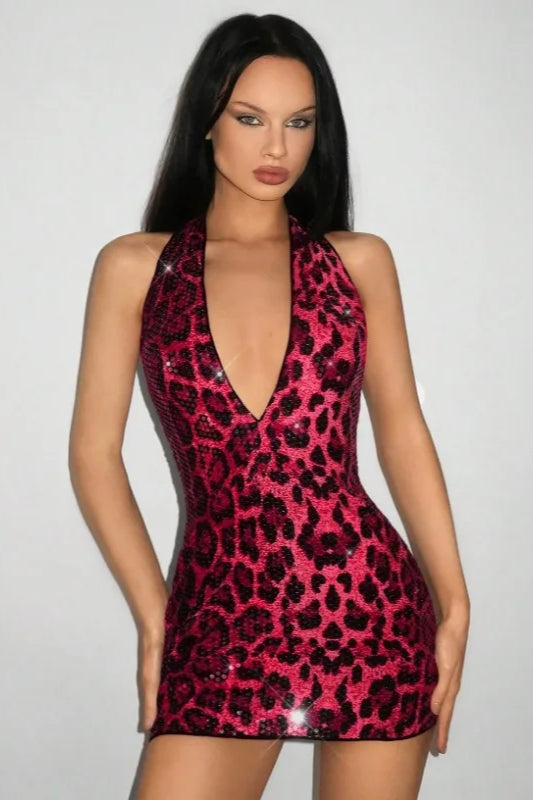 Sequin Leopard Halter Mini Dress