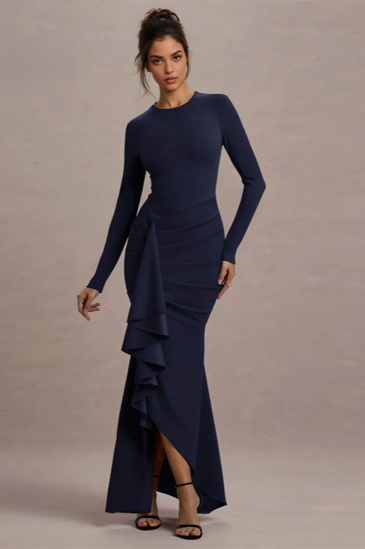 Ruffled Extended Sleeve Bodycon Maxi Dress