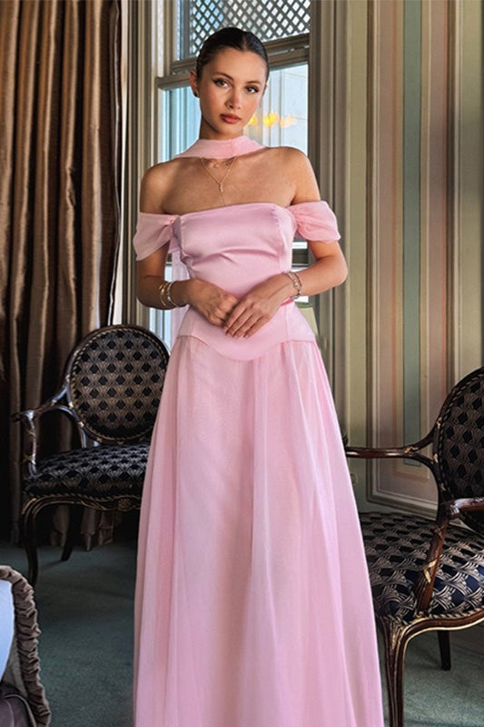 Graceful Satin Mesh Off Shoulder Prom Dress