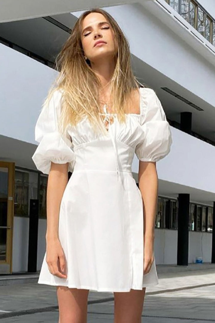 Tie White Waist Puff Sleeve Mini Dress