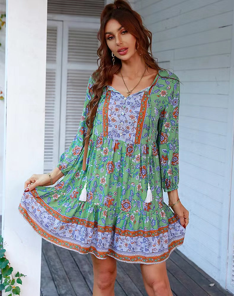 V neck Printed Laidback Bohemian Short Dress