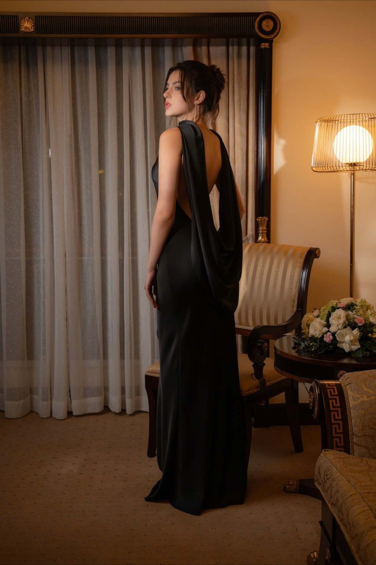 Graceful Solid Color Satin Draped Back Long Prom Dress