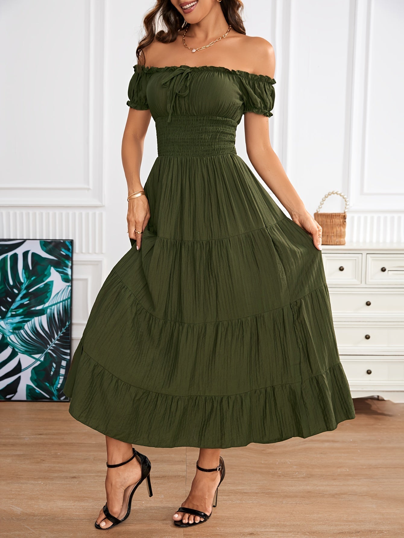 Amparo Refined A-line Maxi Dress with Off-shoulder and Smocking