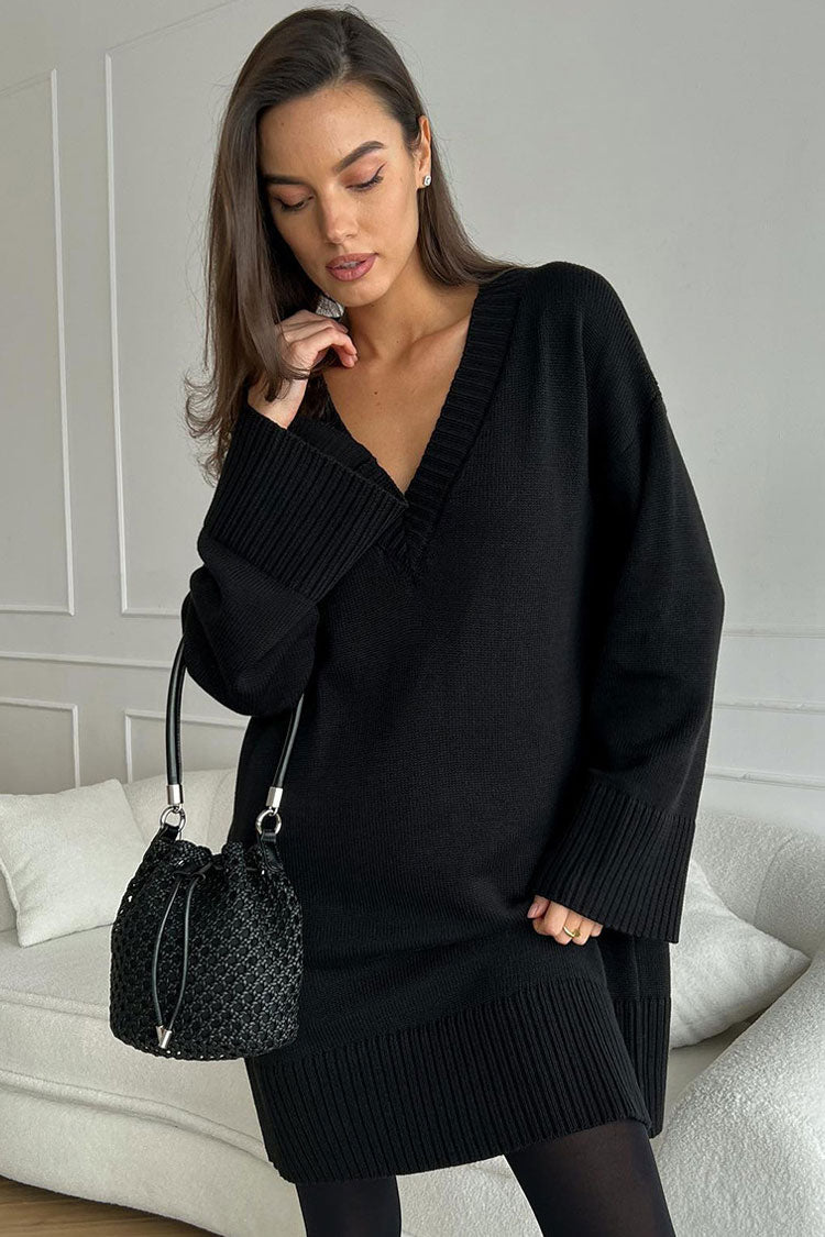 Laidback Deep V Long Sleeve Shift Winter Oversized Sweater Mini Dress - Black