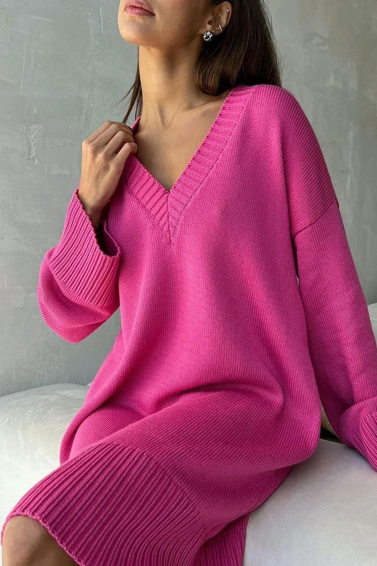 Easygoing Deep V Long Sleeve Shift Winter Oversized Sweater Mini Dress - Hot Pink