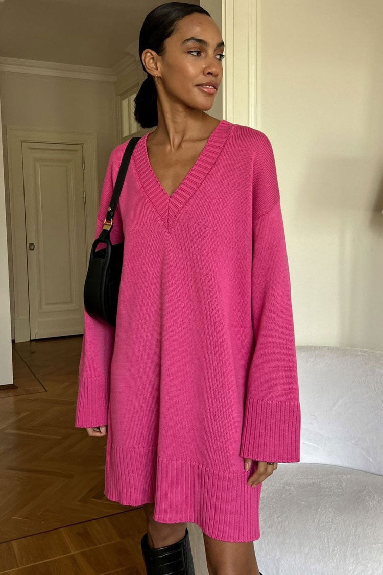 Easygoing Deep V Long Sleeve Shift Winter Oversized Sweater Mini Dress - Hot Pink