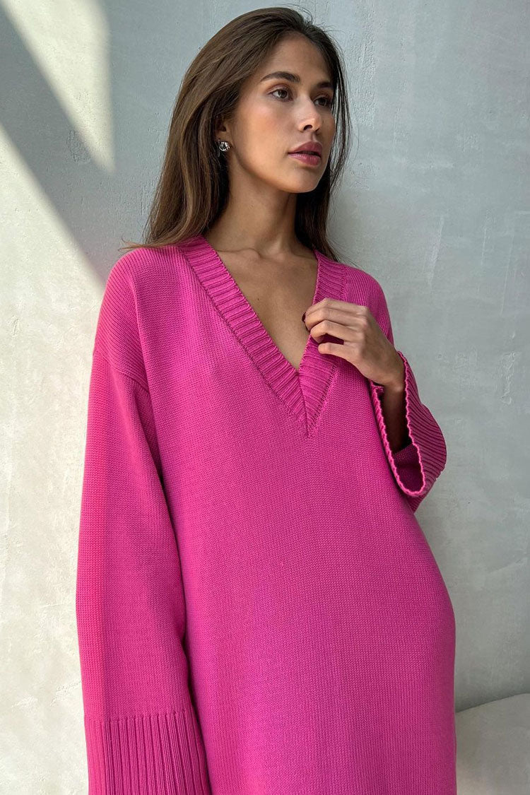 Easygoing Deep V Long Sleeve Shift Winter Oversized Sweater Mini Dress - Hot Pink