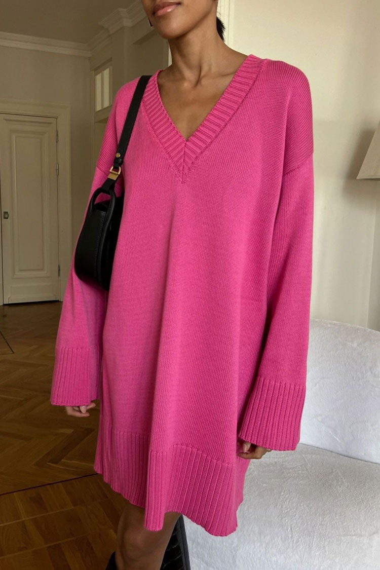Easygoing Deep V Long Sleeve Shift Winter Oversized Sweater Mini Dress - Hot Pink