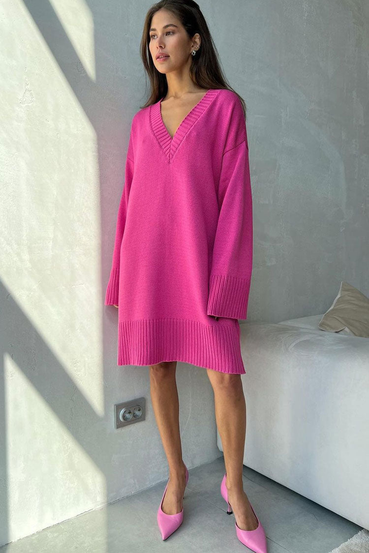 Easygoing Deep V Long Sleeve Shift Winter Oversized Sweater Mini Dress - Hot Pink