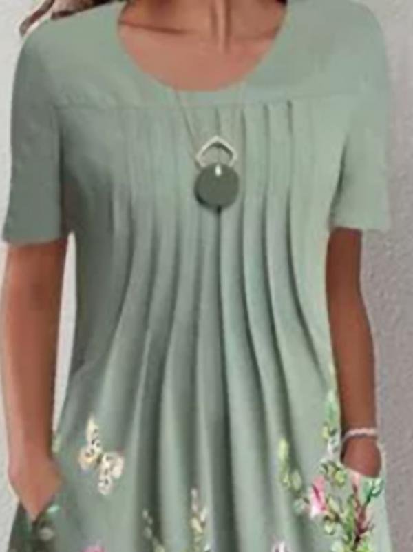 Casual Flower Round Neck Mid length Straight Dress