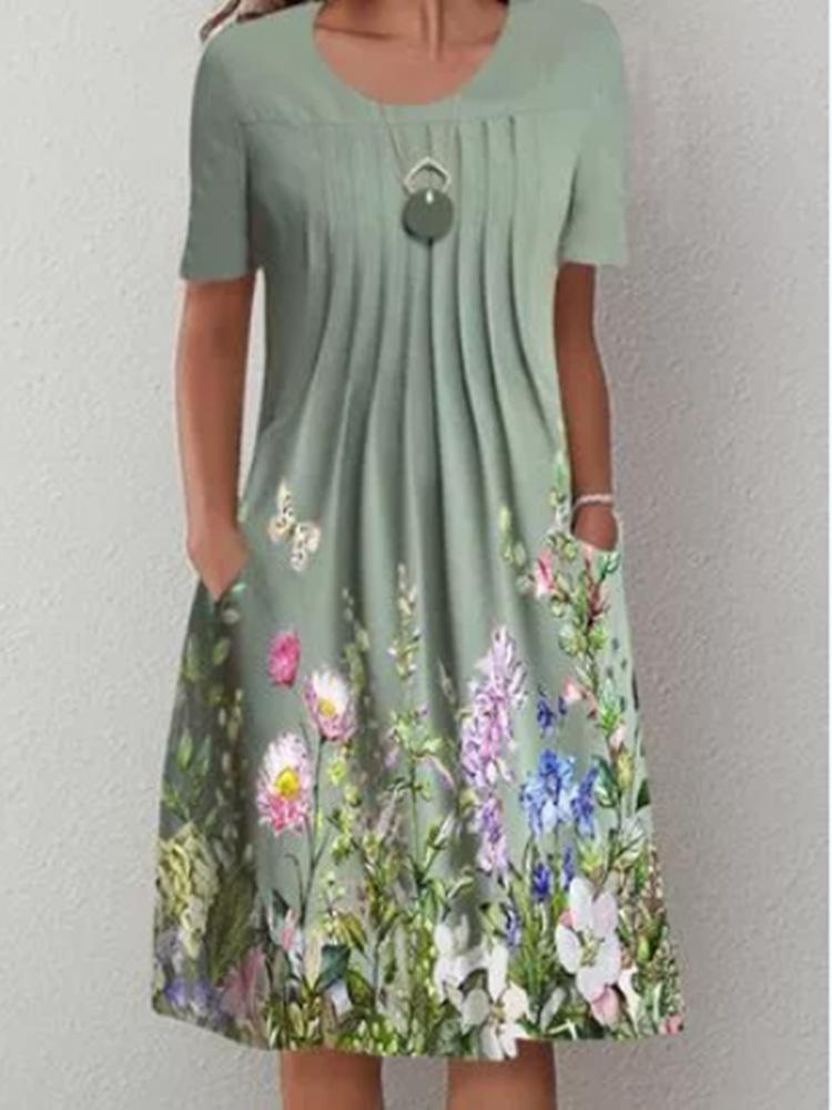 Casual Flower Round Neck Mid length Straight Dress