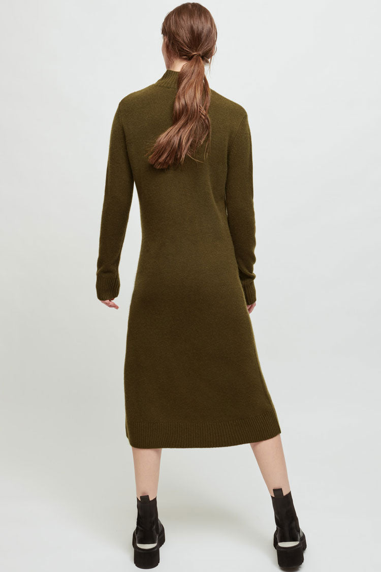 Relaxed High Neck Long Sleeve Winter Sweater Midi Dress - Green