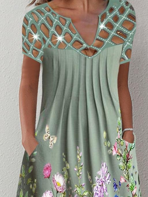 Casual Printed Flower Cutout V Neck Dress