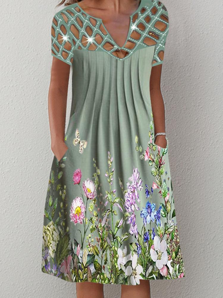 Casual Printed Flower Cutout V Neck Dress