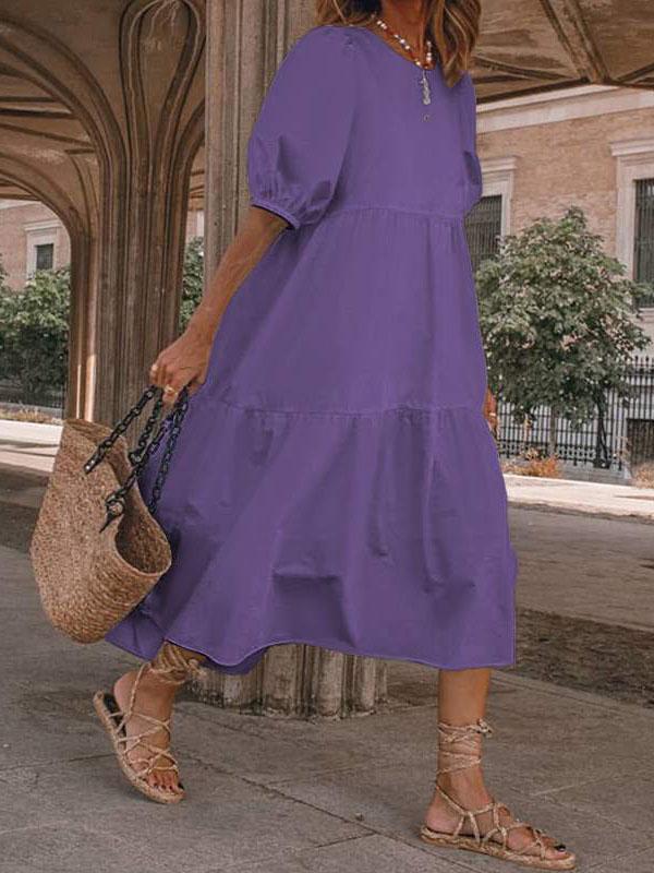 Relaxed Puff Sleeve Round Neck Bohemian Dress
