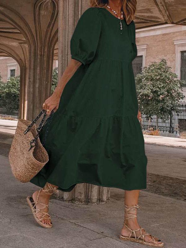 Relaxed Puff Sleeve Round Neck Bohemian Dress