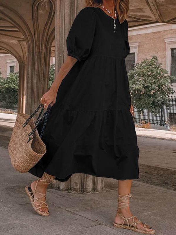 Relaxed Puff Sleeve Round Neck Bohemian Dress