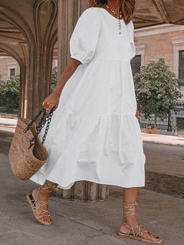 Relaxed Puff Sleeve Round Neck Bohemian Dress