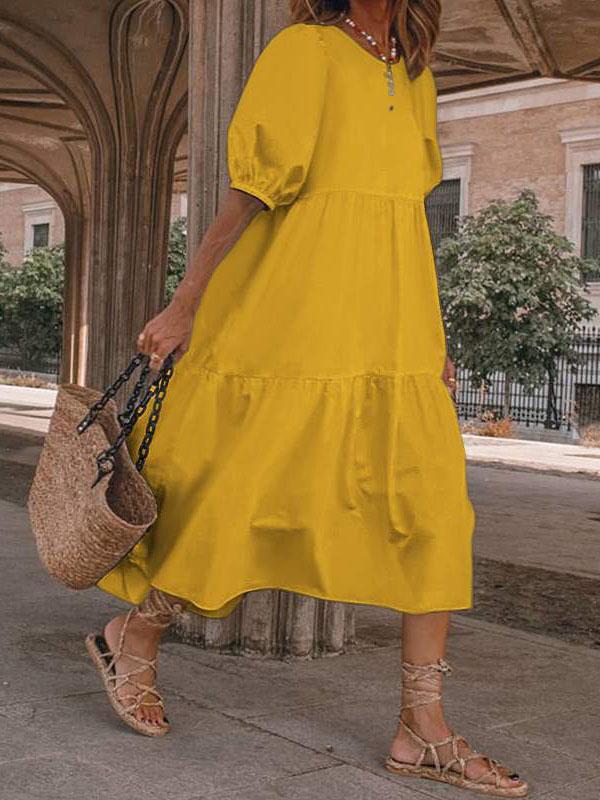 Relaxed Puff Sleeve Round Neck Bohemian Dress