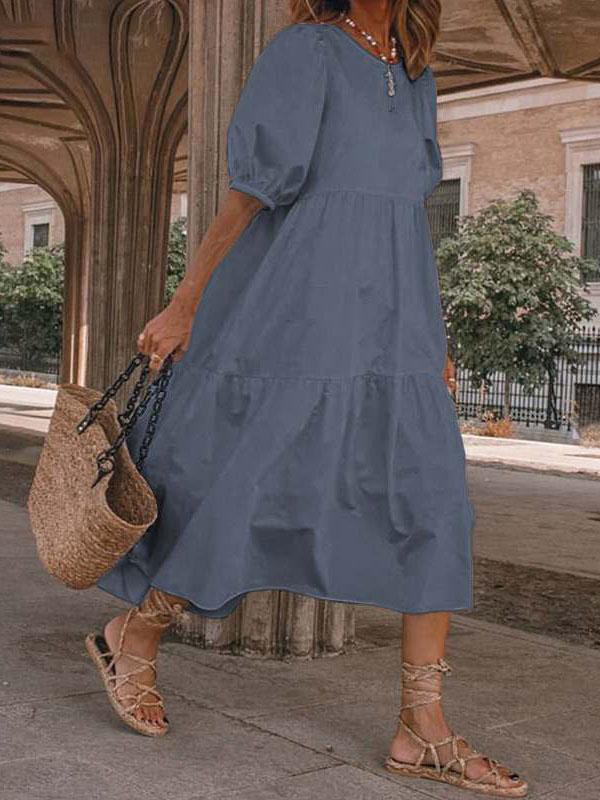 Relaxed Puff Sleeve Round Neck Bohemian Dress