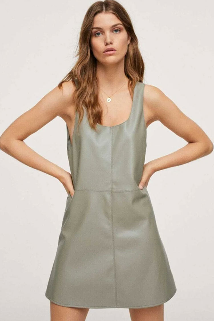 Relaxed Scoop Neck A Line Vegan Leather Mini Dress - Mint Green