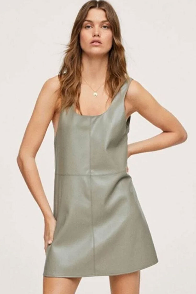 Relaxed Scoop Neck A Line Vegan Leather Mini Dress - Mint Green
