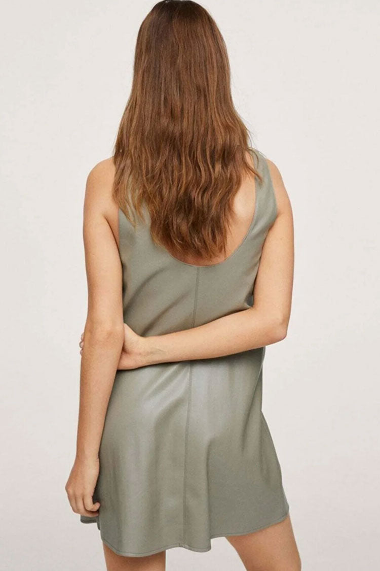 Relaxed Scoop Neck A Line Vegan Leather Mini Dress - Mint Green