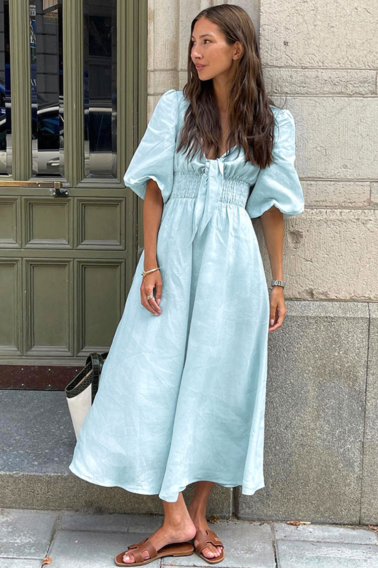 Relaxed Tie Front Puff Sleeve Linen Beach Vacation Midi Dress - Sky Blue