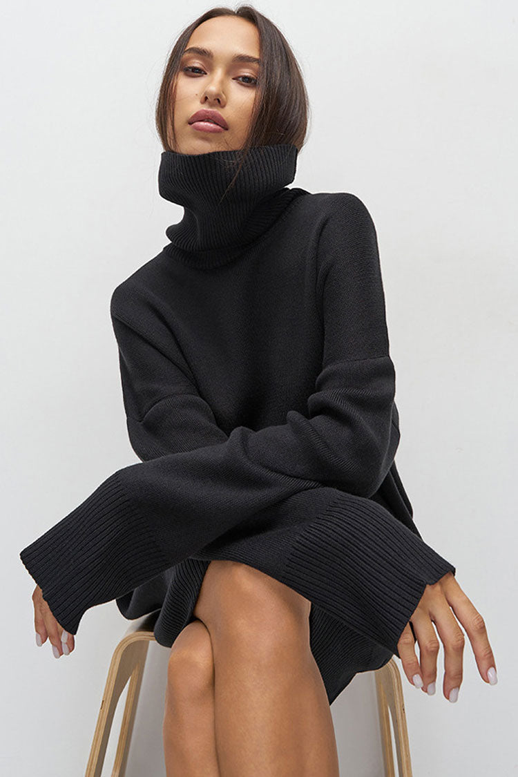 Easygoing Turtleneck Long Sleeve Shift Winter Oversized Sweater Mini Dress - Black