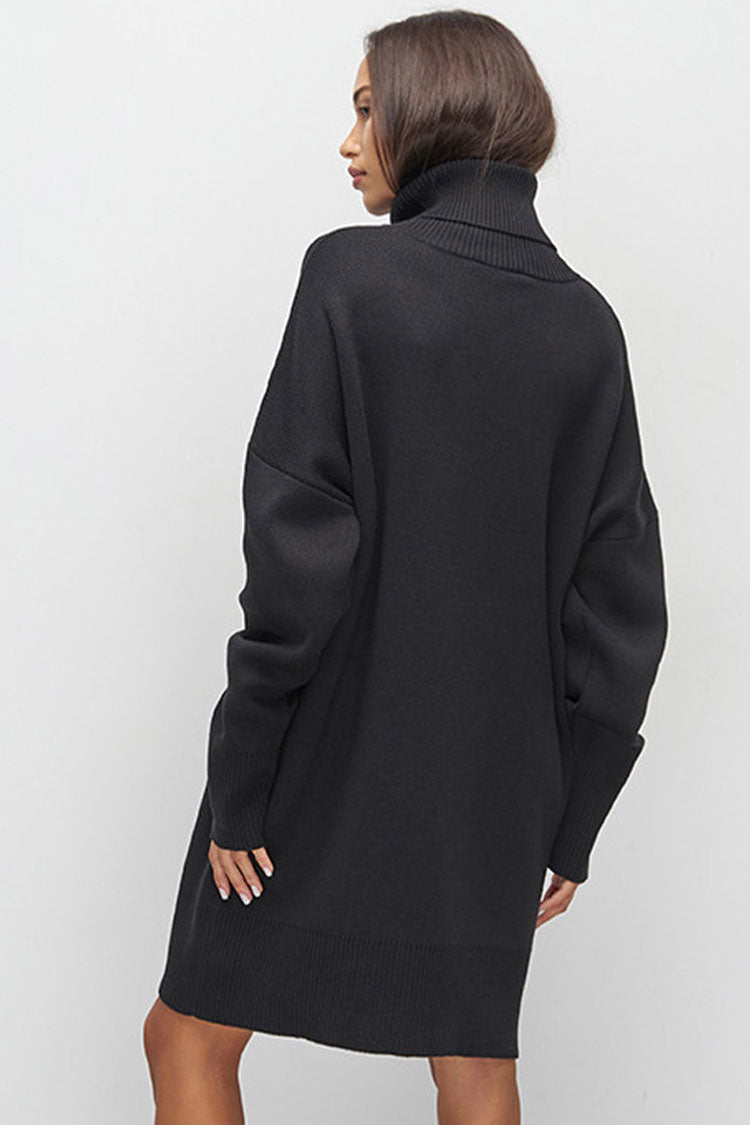 Easygoing Turtleneck Long Sleeve Shift Winter Oversized Sweater Mini Dress - Black