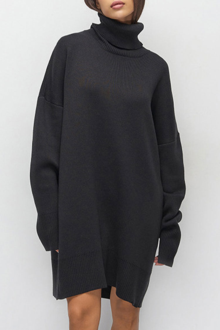 Easygoing Turtleneck Long Sleeve Shift Winter Oversized Sweater Mini Dress - Black